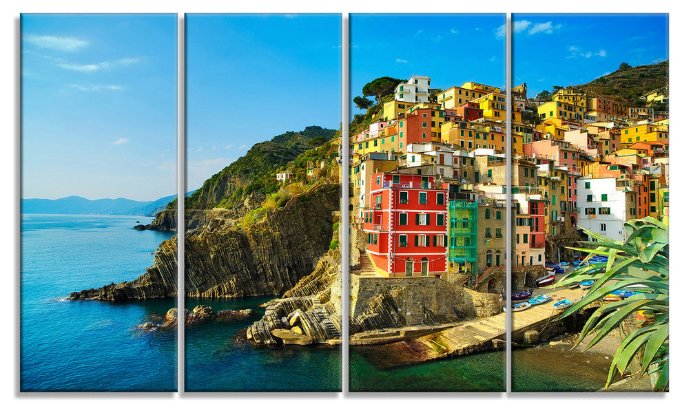 Riomaggiore Village Rocky Beach, Seascape Canvas Art Print, 48"x28", 4 Panels