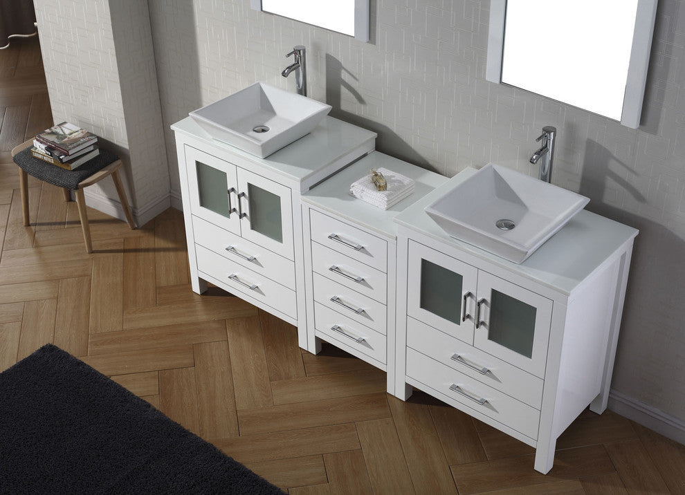 Virtu Dior 74" Double Bathroom Vanity, White With Faucet and Mirrors