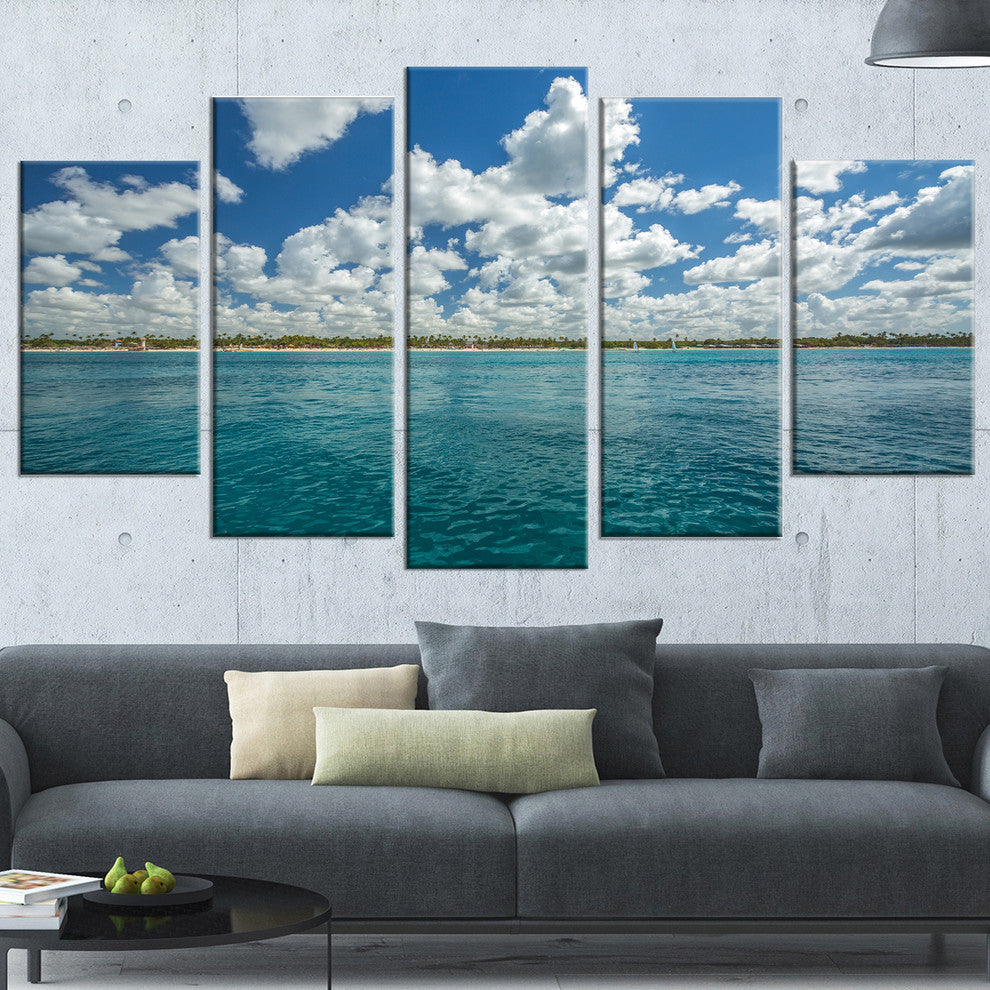 "White Fluffy Clouds Over Sea" Oversized Beach Canvas Artwork, 5 Panels, 60"x32"