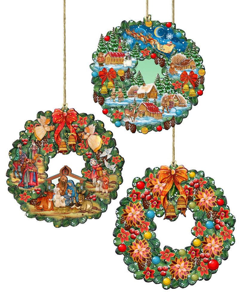 Christmas Wreath Wooden Ornaments Set of 3