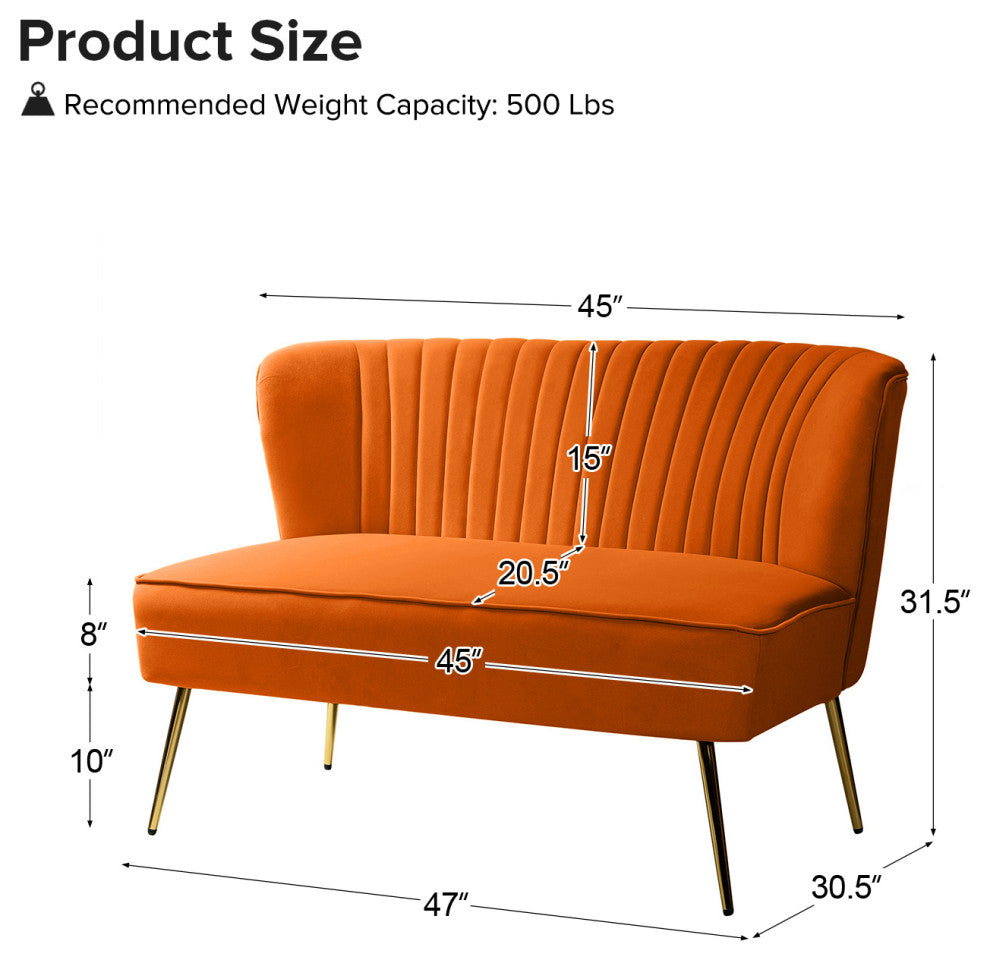 Velvet Tufted Loveseat Sofa With Golden Base, Orange