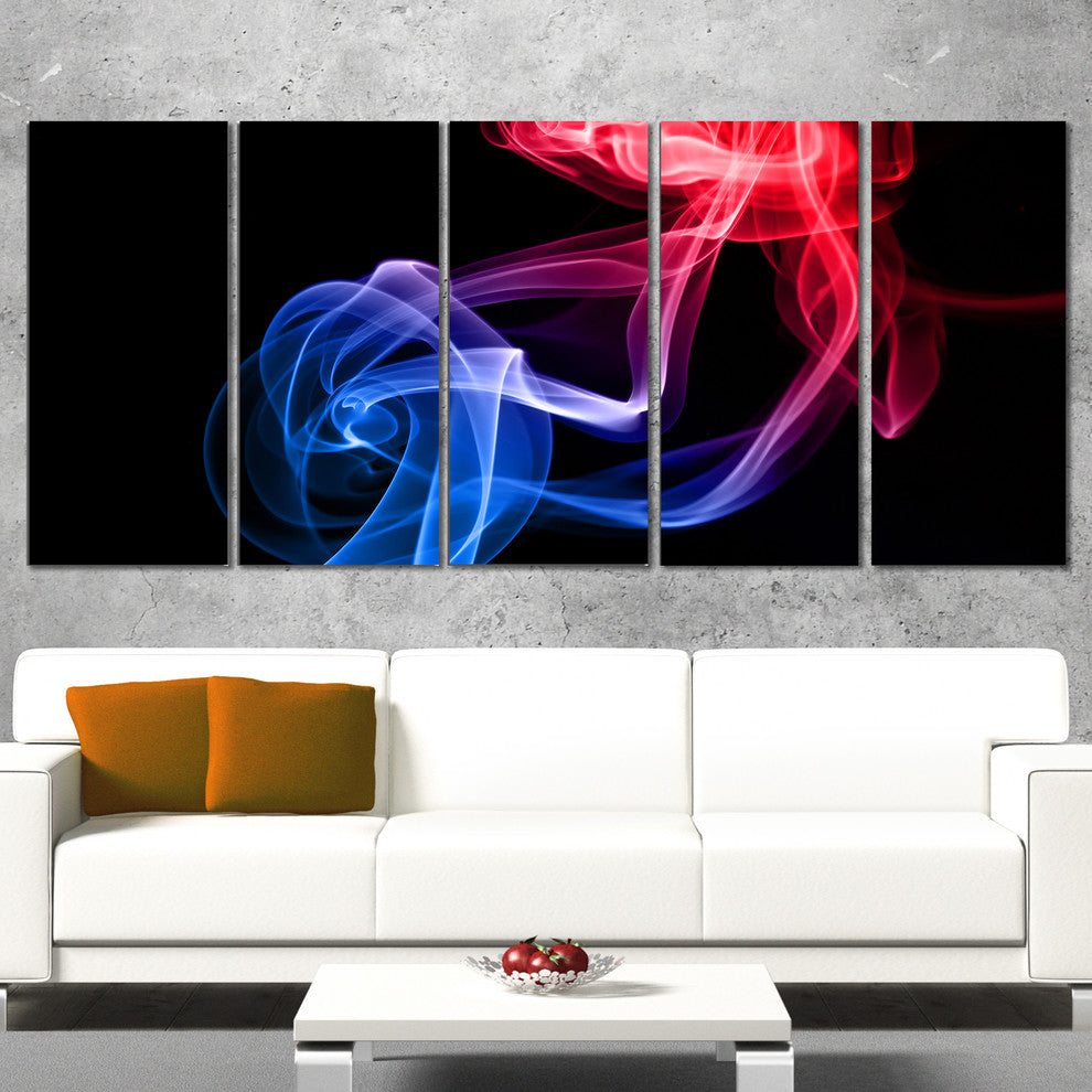 Blue Red Floating Smoke on Black, Abstract Canvas Wall Art, 60"x28", 5 Panels