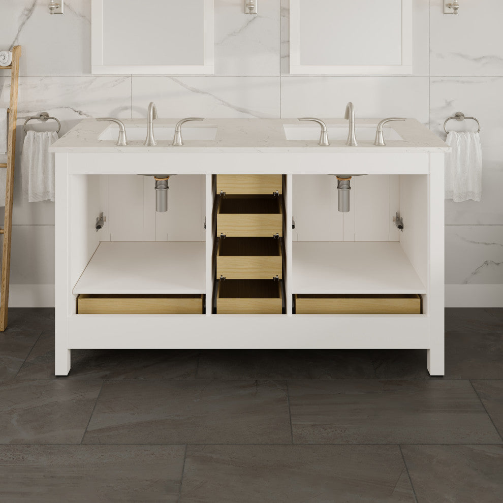 Eviva Aberdeen 60"Wx22"D Double Sink Bathroom Vanity, Quartz Countertop