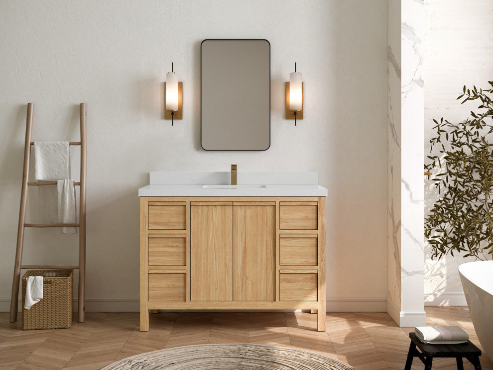 Elizabeth 48 Single Sink Bath Vanity in Light Natural Teak 2" Carrara Quartz