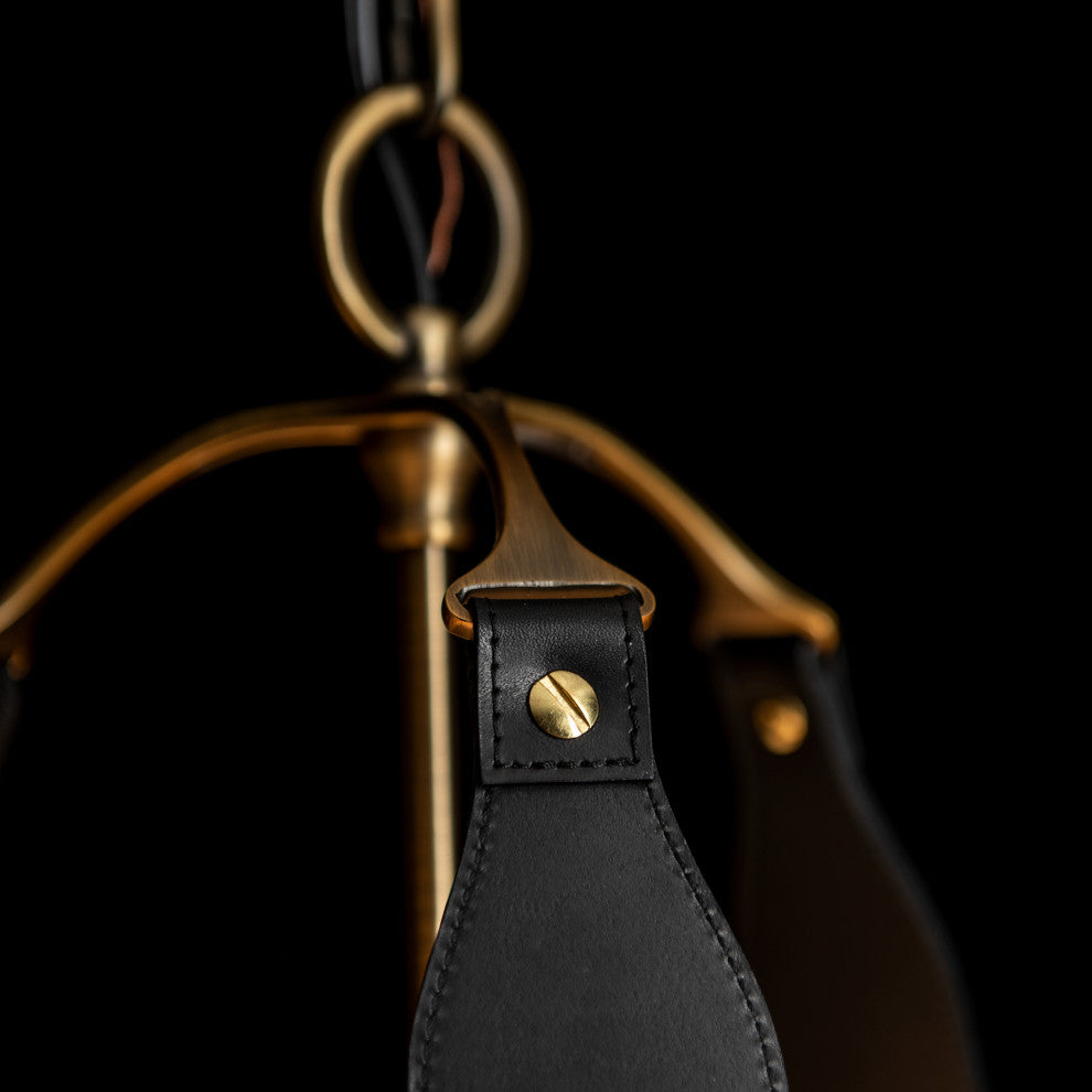 Saratoga Small Pendant, Antique Brass, Black Leather, Natural Anna Shade