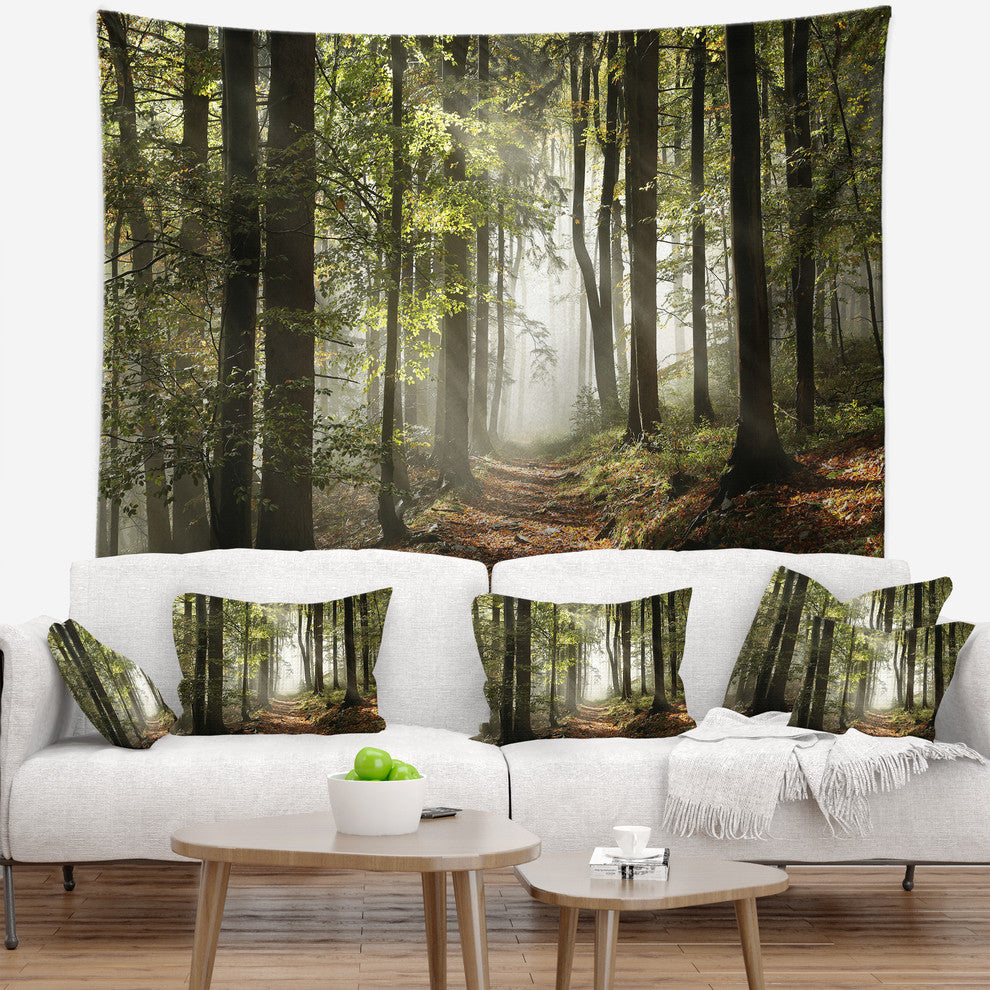 Green Fall Forest with Sun Rays Landscape Photography Wall Tapestry, 60"x50"