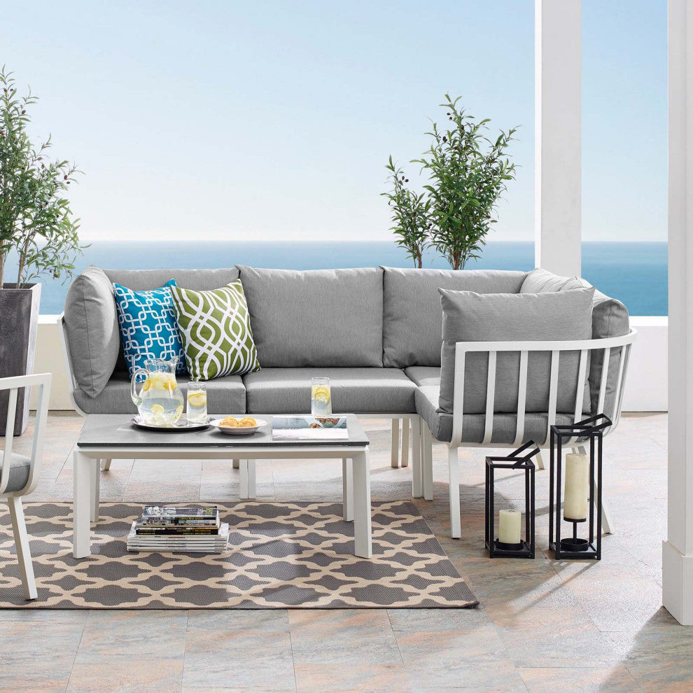 Lounge Sectional Sofa Chair Set, Aluminum, Metal, White Gray, Outdoor