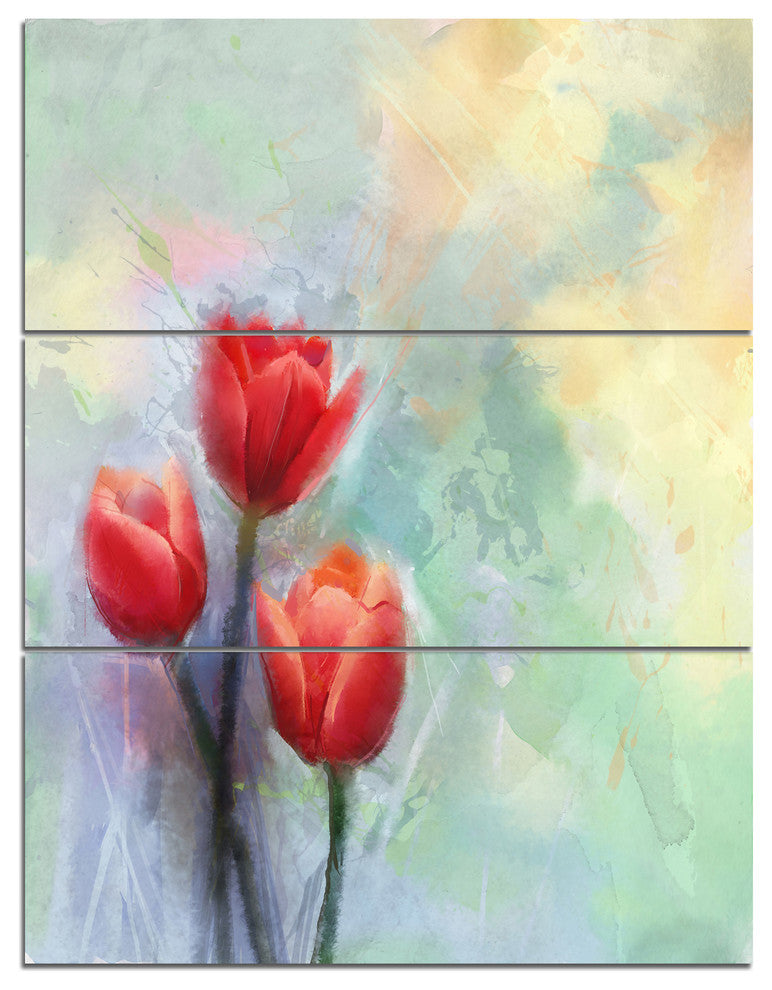 Red Tulips on Light Blue Watercolor, Floral Canvas Artwork, 28x36, 3 Panels