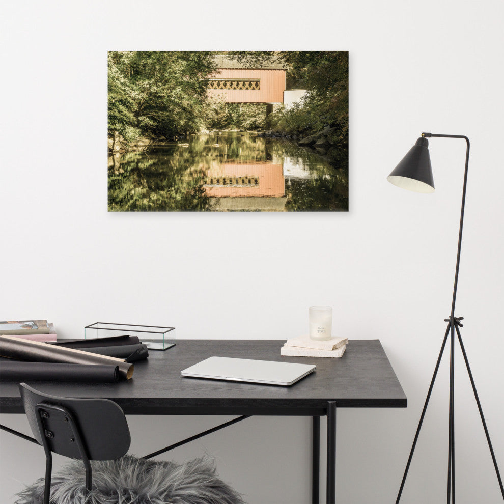 The Reflection of Wooddale Covered Bridge Aged Canvas Wall Art Print, 24" X 36"