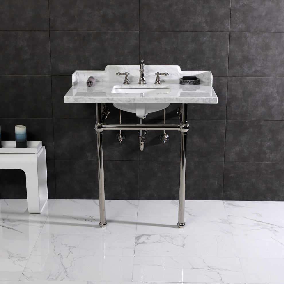 LMS36MBSQ6 36" Carrara Marble Console Sink with Brass Legs