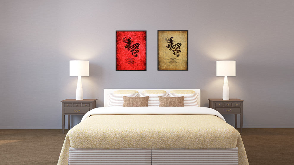 Dragon Chinese Zodiac Brown Print on Canvas with Picture Frame, 22"x29"