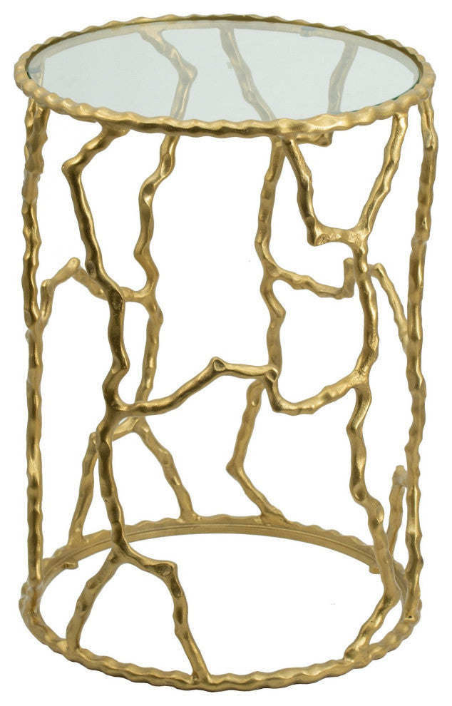 24 Inch Round Accent Table, Intricate Metal Twig Inspired Open Frame, Gold