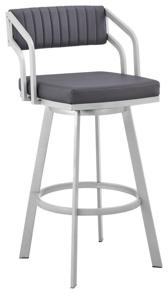 30" Timeless Slate Gray Faux Leather Silver Finish Swivel Bar Stool