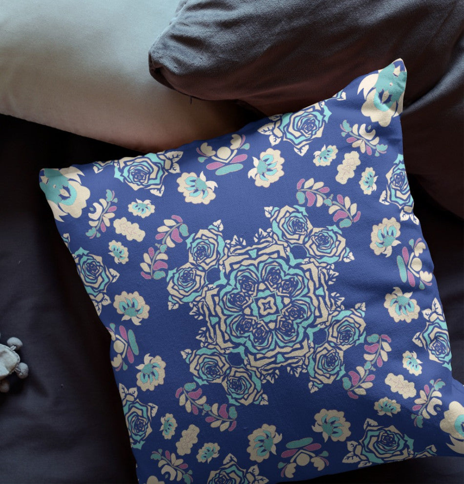 26" Blue Cream Wreath Indoor Outdoor Zippered Throw Pillow