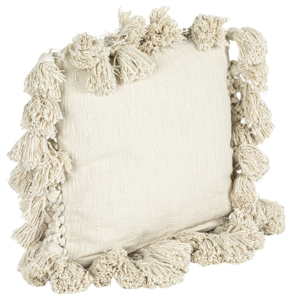 Square Crochet and Tassels Cream Cotton Slub Pillow