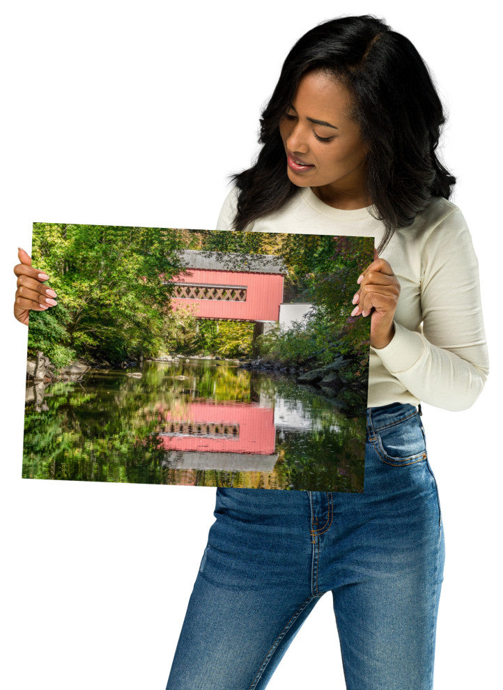 The Reflection of Wooddale Covered Bridge Unframed Wall Art Print, 12" X 16"