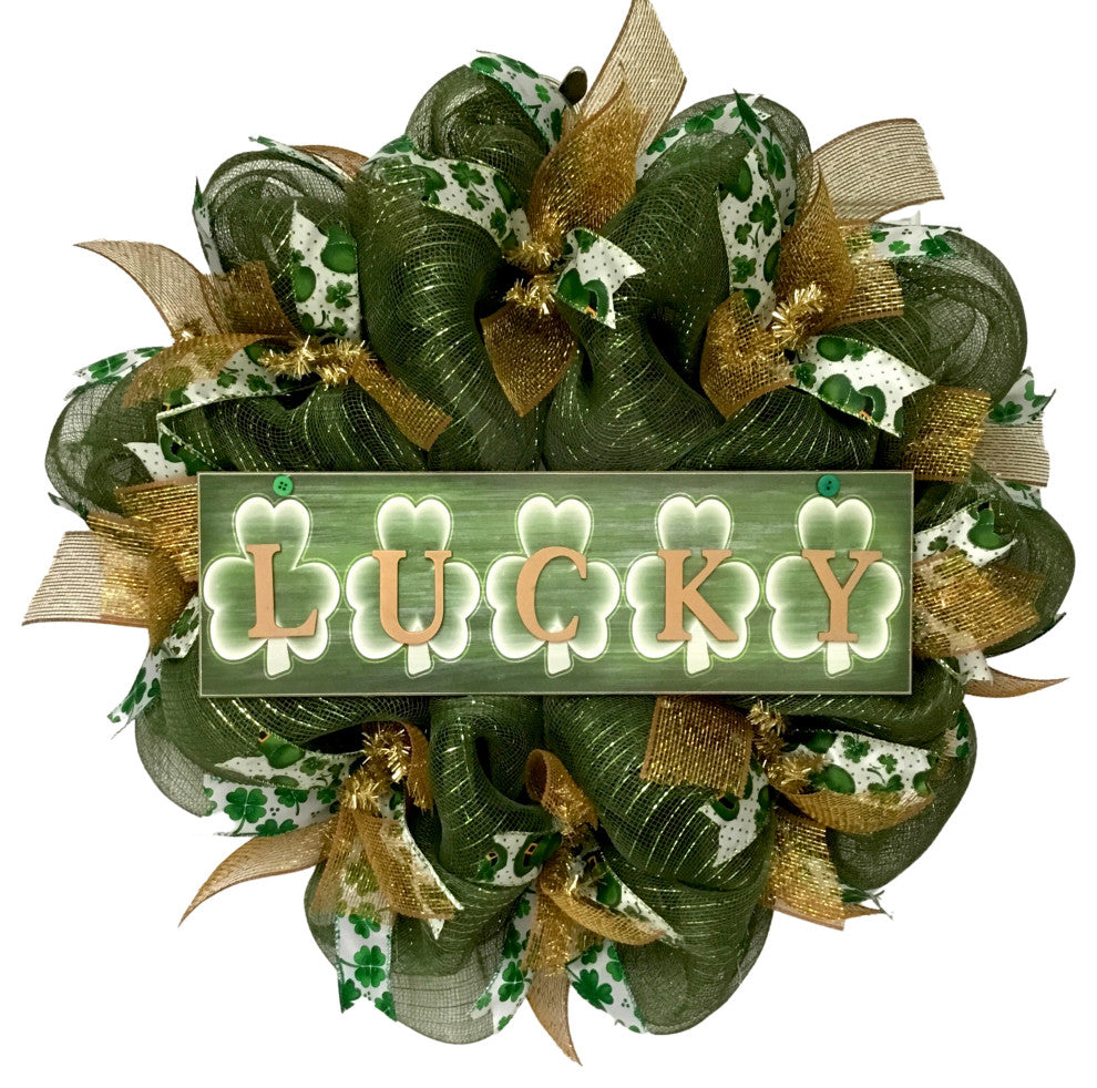 Lucky Shamrock St Patrick's Day Wreath Handmade Deco Mesh