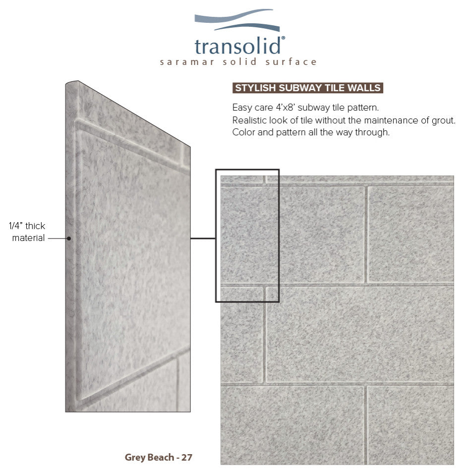 Transolid SaraMar 48"x36"x96" 6-Piece Shower Wall Kit with Extension, Grey Beach