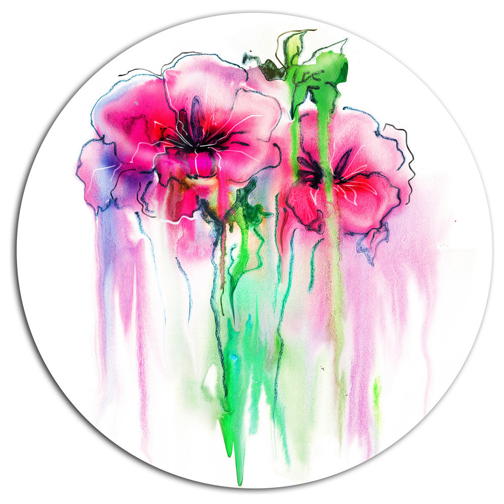 Colorful Hand Drawn Red Flowers, Floral Disc Metal Artwork, 11"