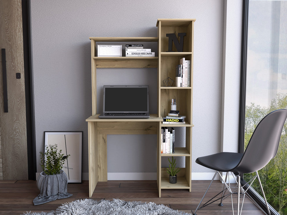 TATEUS 6-Shelf Home Office Writing Desk with Built-in Bookcase, Light Oak