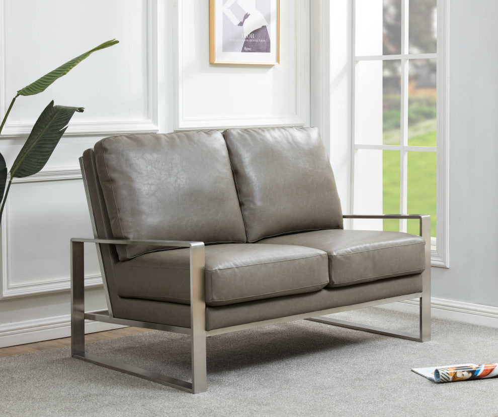 LeisureMod Jefferson Modern Faux Leather Loveseat With Silver Frame, Gray