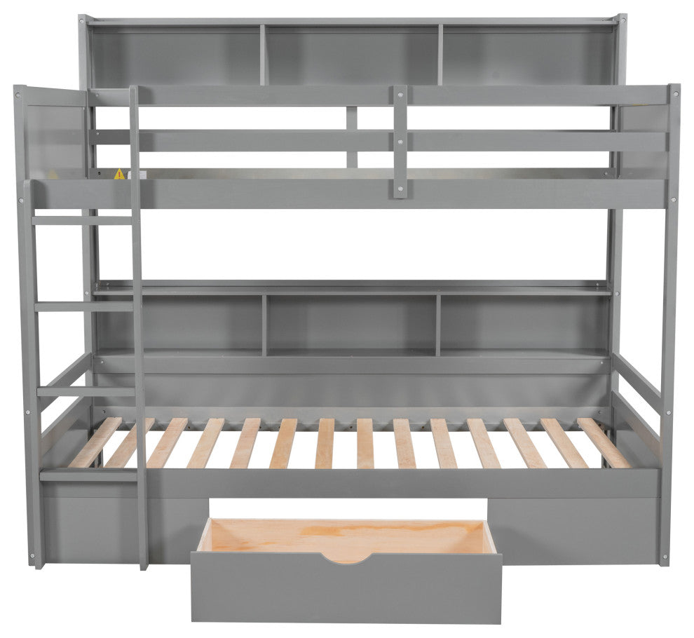 Gewnee Twin Size Bunk Bed with Shelves Beside both Upper and Down Bed in Gray