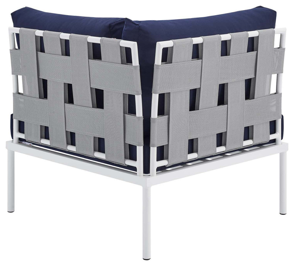 Sectional Sofa Chair Table Set, Sunbrella, Aluminum, Gray Blue Navy, Outdoor