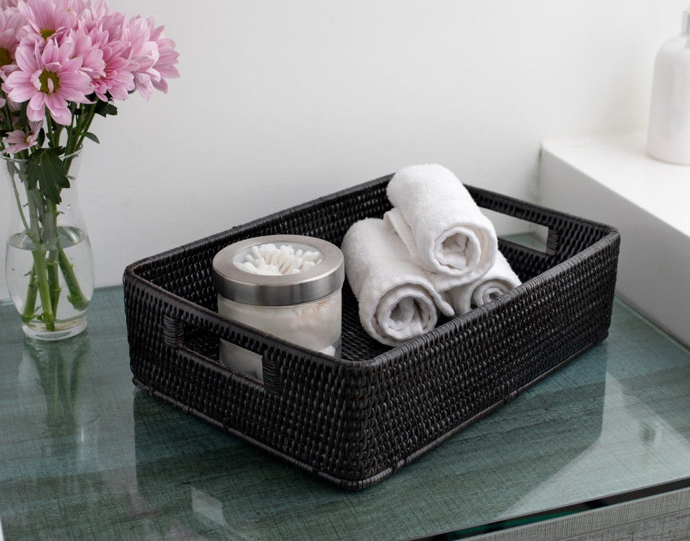 Artifacts Rattan Rectangular Storage Basket With Rounded Corners, Tudor Black
