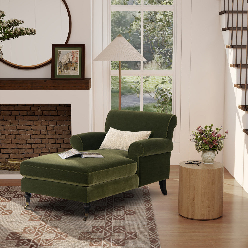 Alana Lawson Tight-Back Rolled-Arm Velvet Chaise Lounge Chair, Olive Green