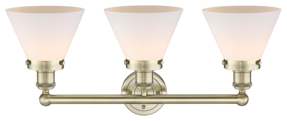 Edison Large Cone 3-Light 26" Vanity Light, Antique Brass With Matte White Shade