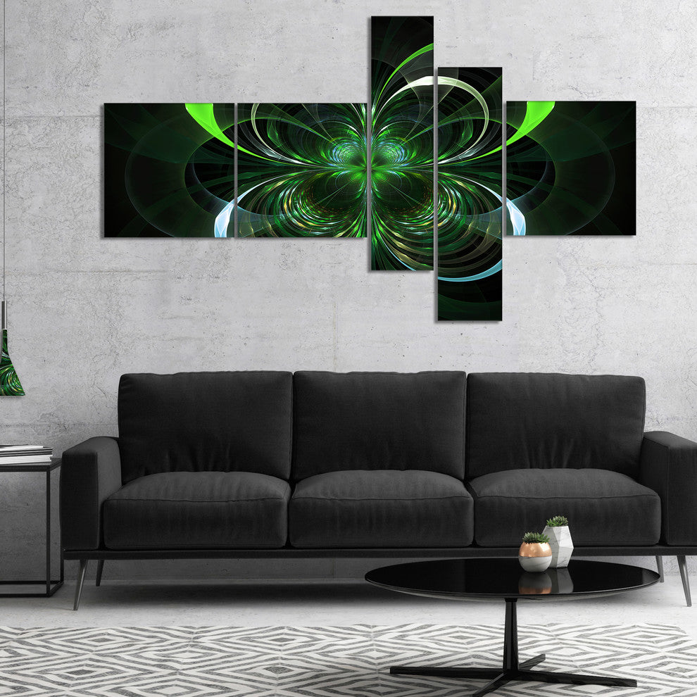 Green Fractal Flower in Dark, Green, Floral Art Canvas Print, 60"x32", 5 panels