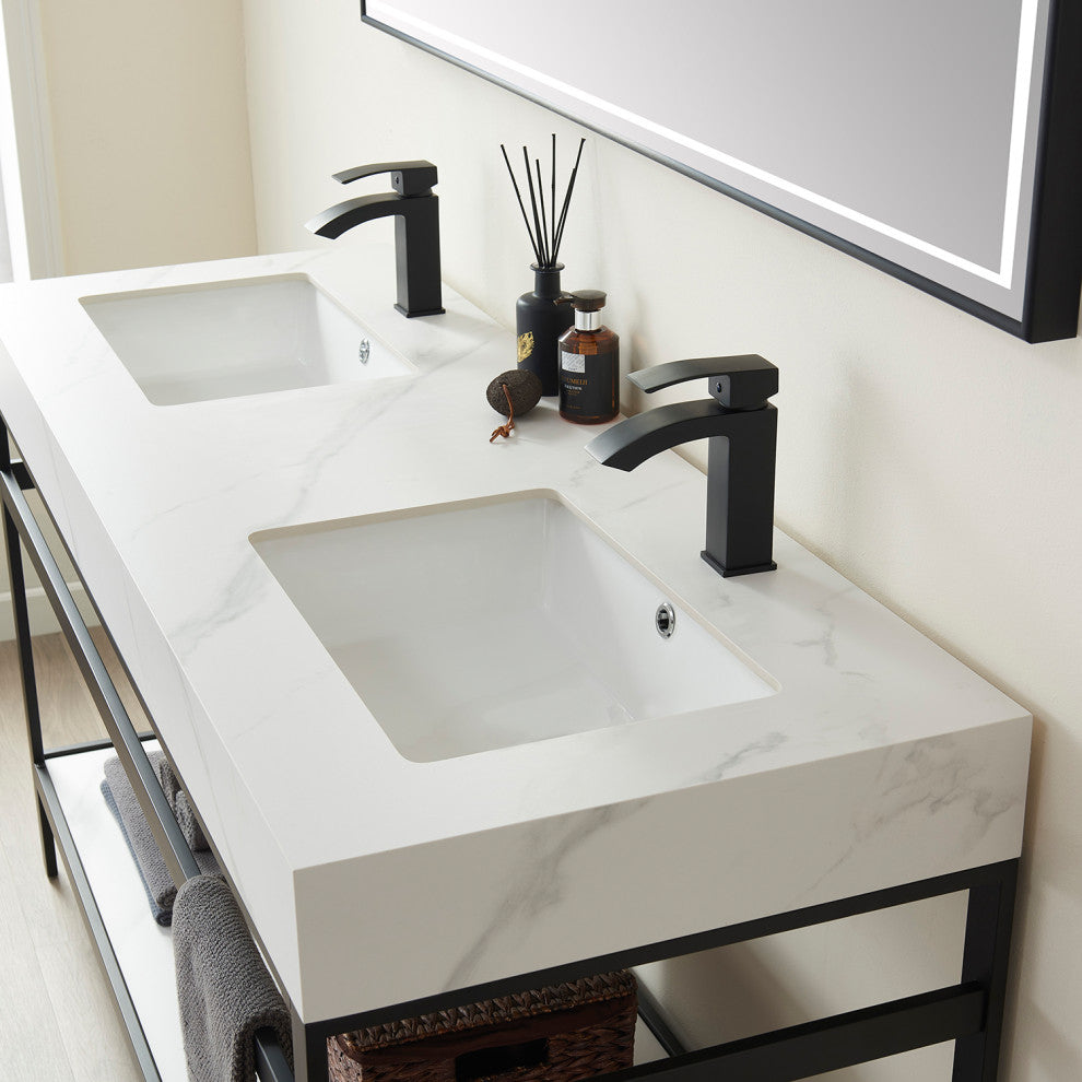 Funes Bath Vanity without Mirror, Matte Black Hardware, 60" Double Sink, White Stone Top
