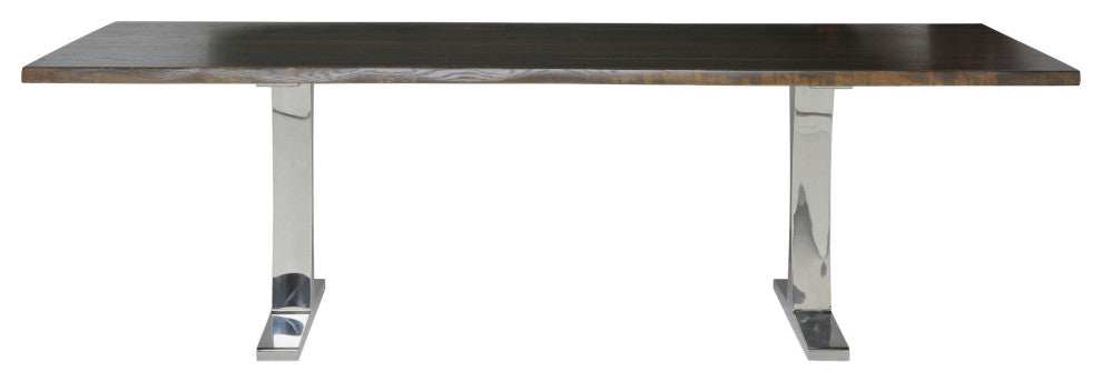 Toulouse Stainless Steel Dining Table, Top: Seared Oak, Base: Polished, 96"
