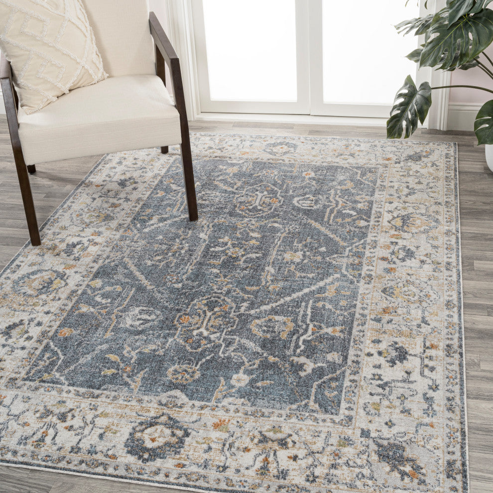 Brandy Rustic Border Low-Pile Machine-Washable Rug, Dark Gray/Cream 5x8
