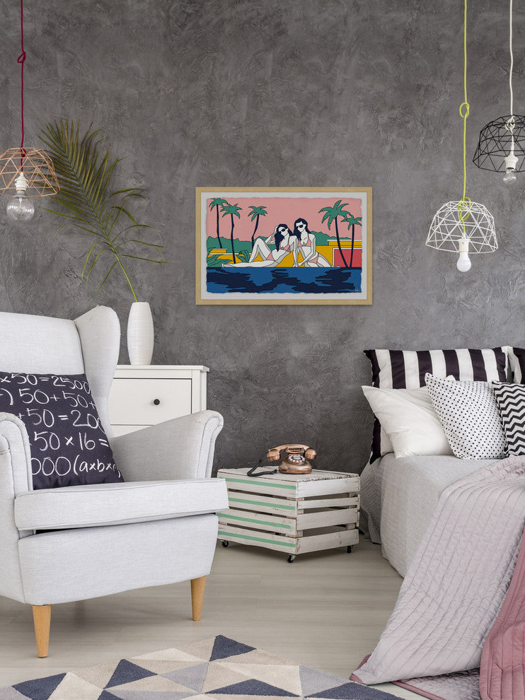 "Girls Sunbathing by the Pool" Framed Painting Print, 18"x12"