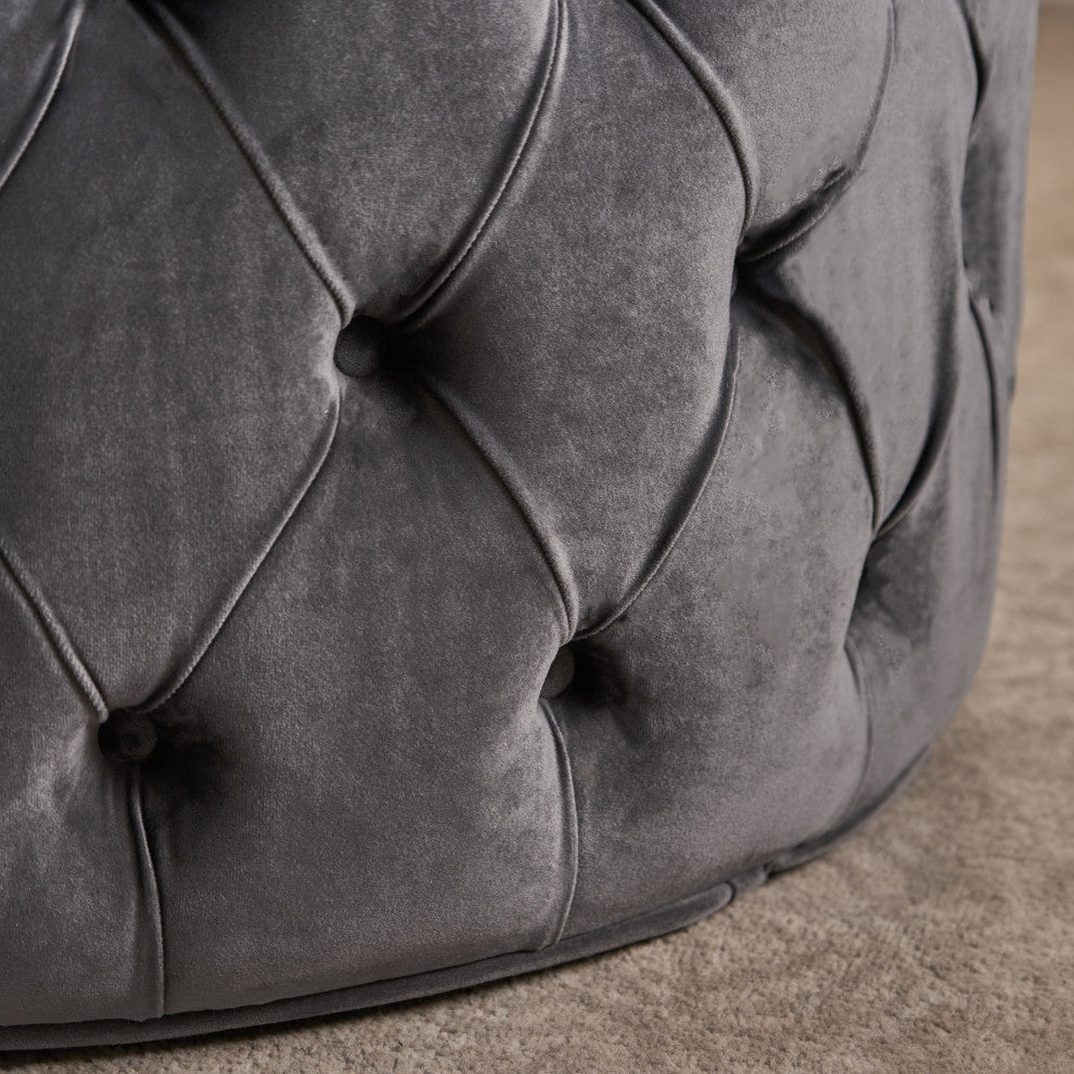 GDF Studio Maelyn Modern Glam Tufted Velvet Round Ottoman, Dark Gray