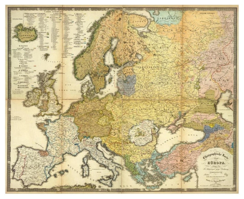 "Ethnographische Karte von Europa, 1847" Print by Heinrich Berghaus, 32"x26"