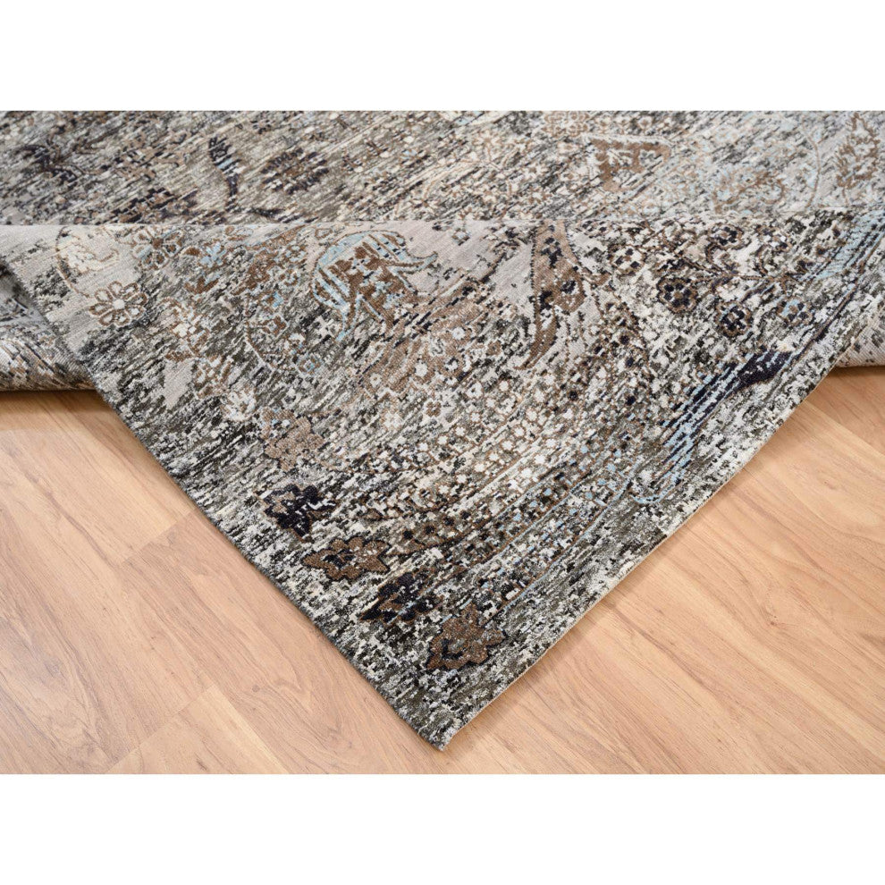 Gray, Hand Knotted, Modern, Silk with Textured Wool, Square Rug, 8'0" x 8'1"