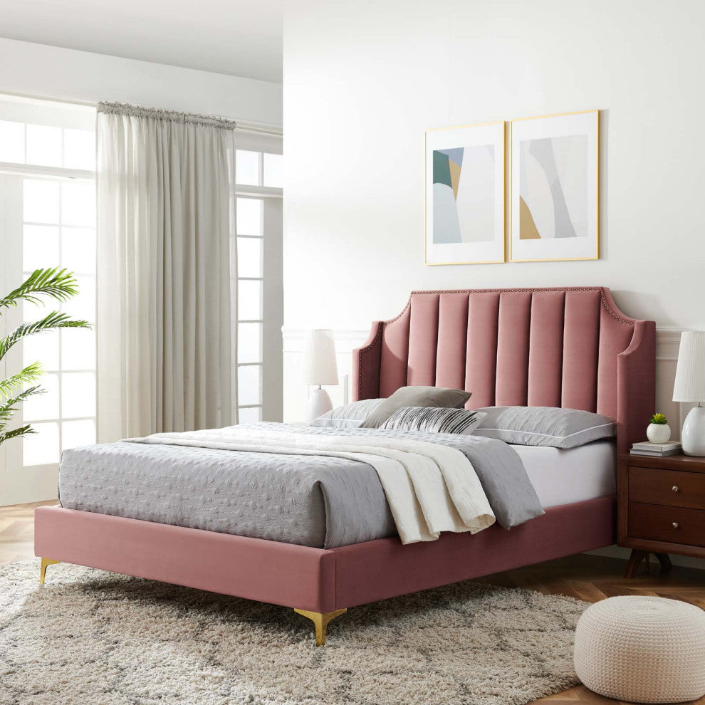 Platform Bed Frame, Queen Size, Velvet, Pink, Modern Contemporary, Bedroom