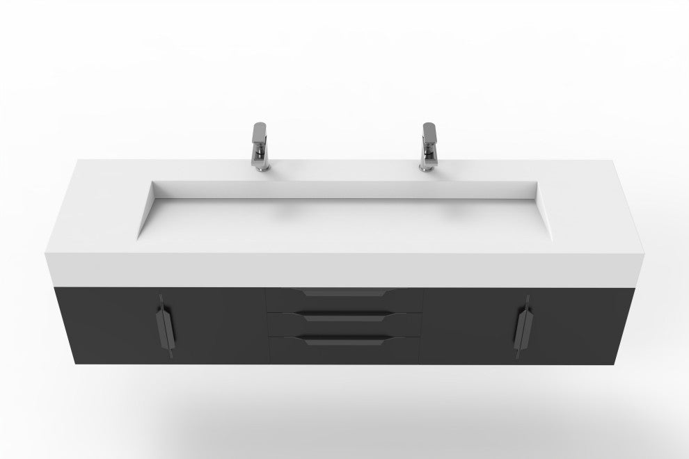 CastelloUSA Nile 72" Wall Mounted Vanity Set, Black, White Top, Black Handles