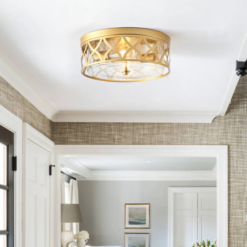 Modern Gold 2-Light Flush Mount Ceiling Light with Seeded Glass