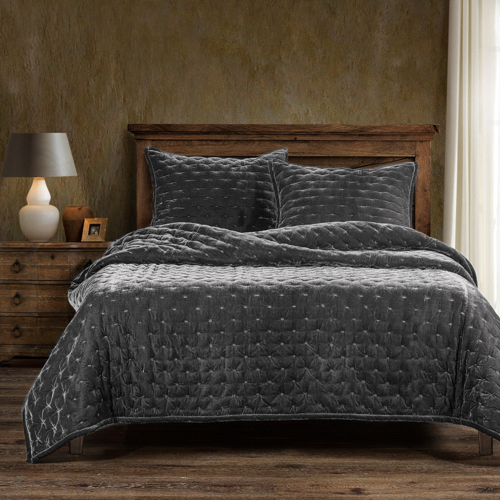 Stella Faux Silk Velvet Quilt, Slate, King