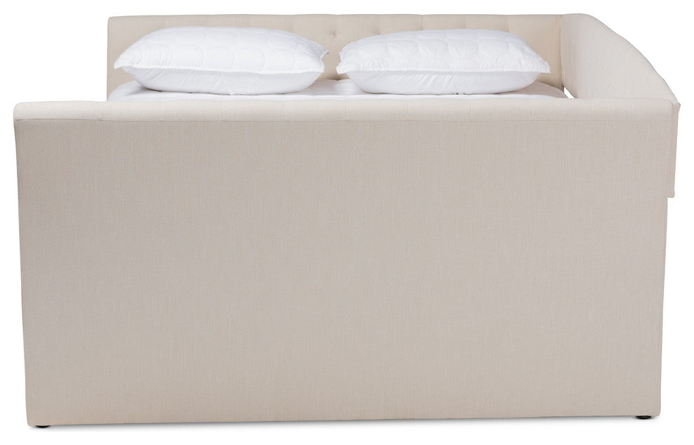 Qintal Fabric Upholstered Queen Size Daybed With Roll-Out Trundle Bed, Beige