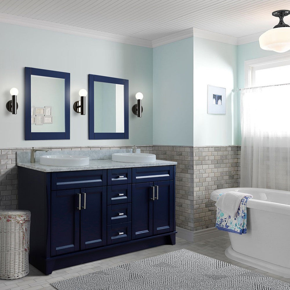 61" Double Sink Vanity, Blue Finish And White Carrara Marble And Round Sink