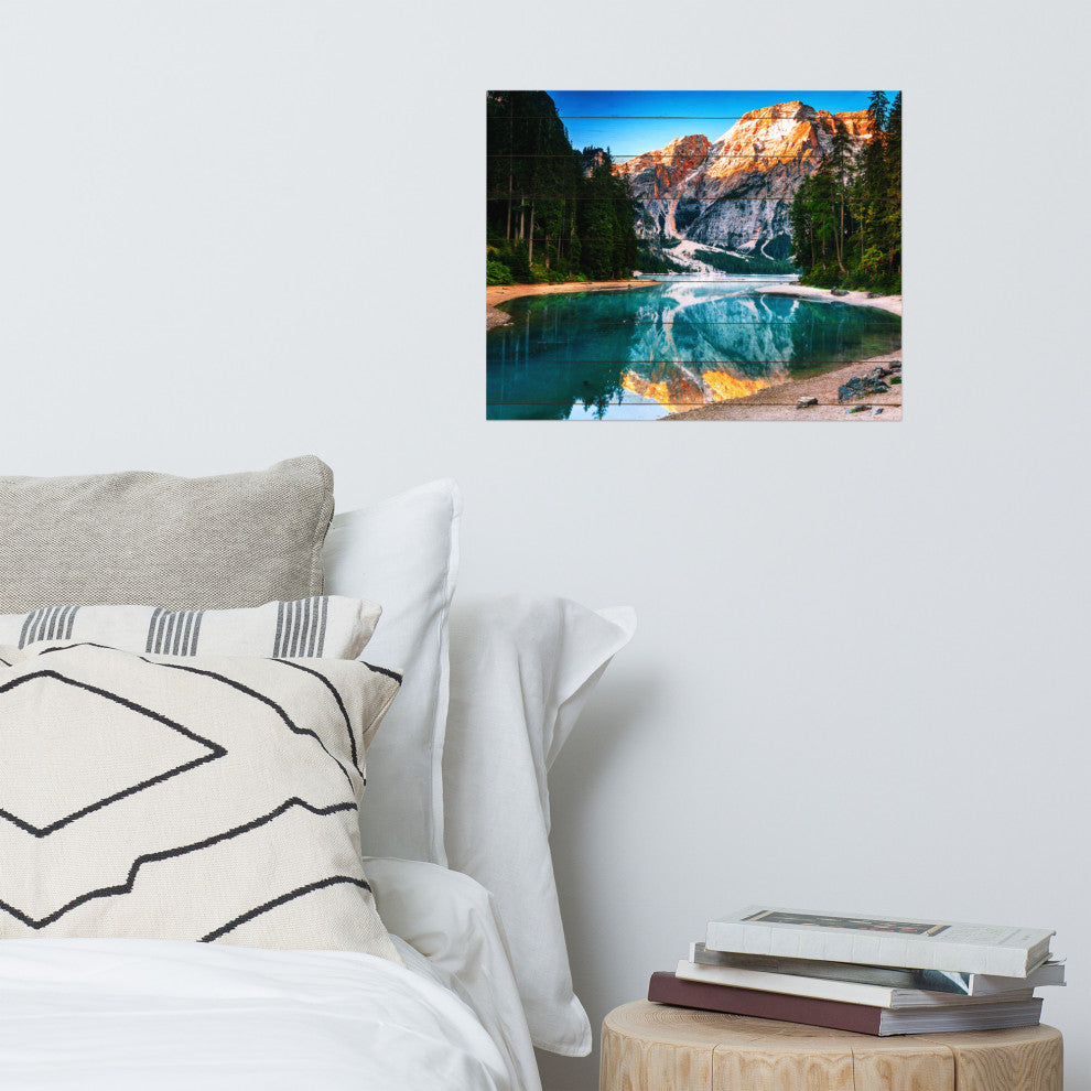 Faux Wood Misty Lake and Snow-cap Mountain Reflections Unframed Wall Art Prints, 16" X 20"