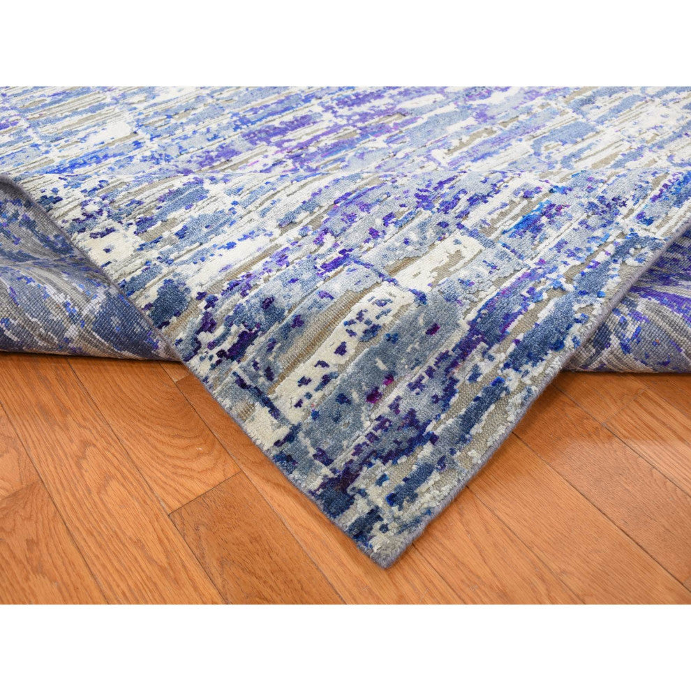 Indigo Color, Diminishing Bricks, Sari Silk, Hand Knotted, Rug, 10'2"x13'10"