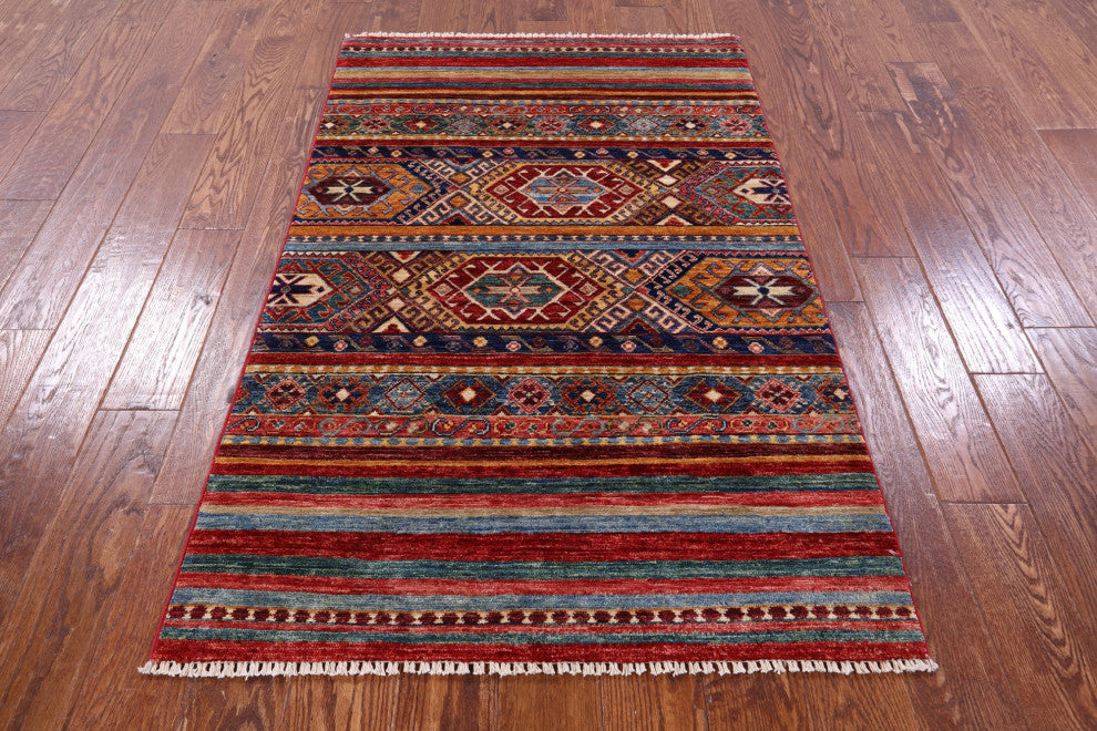 Hand-Knotted Khorjin Super Kazak Wool Rug 3' 2" X 5' 1" Q10805