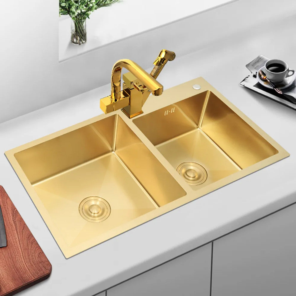 Stainless Steel Kitchen Sink Double Bowls Drop-In Sink with Drain and Overflow, Gold