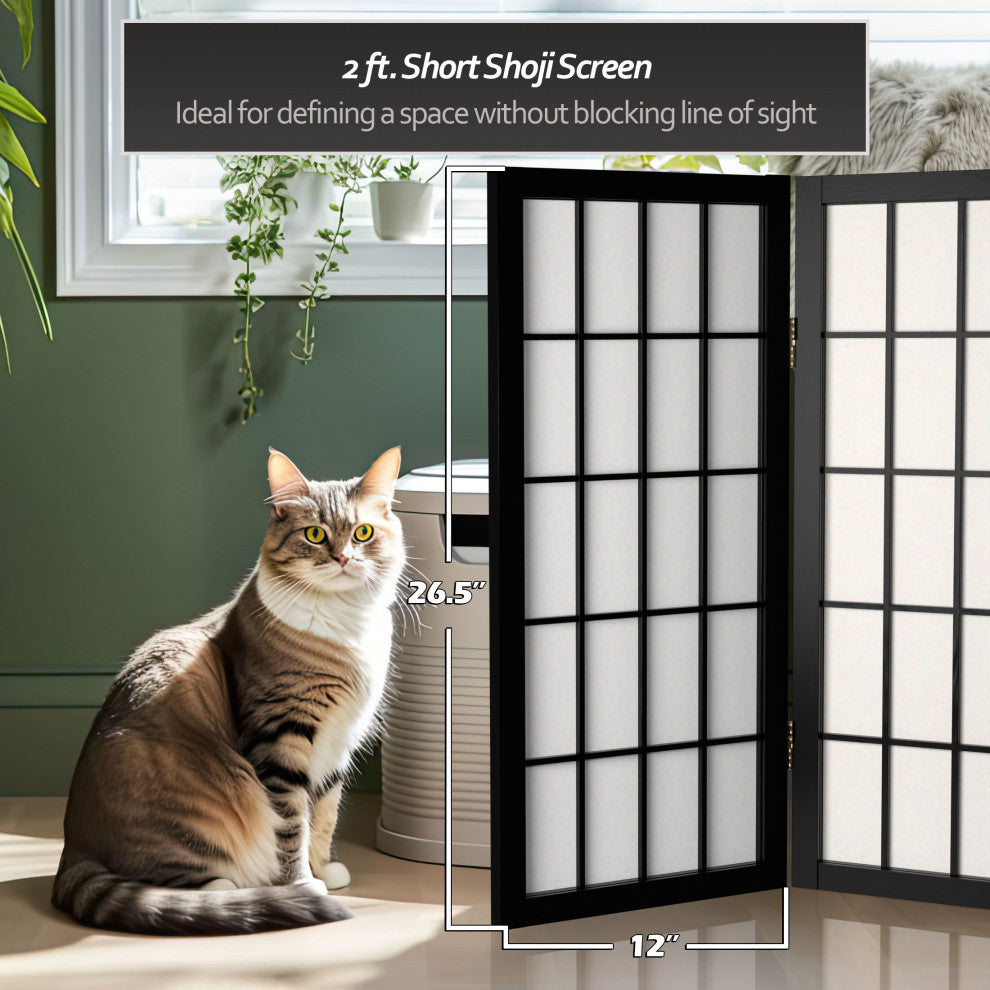 2' Tall Desktop Window Pane Shoji Screen, Black, 3 Panels