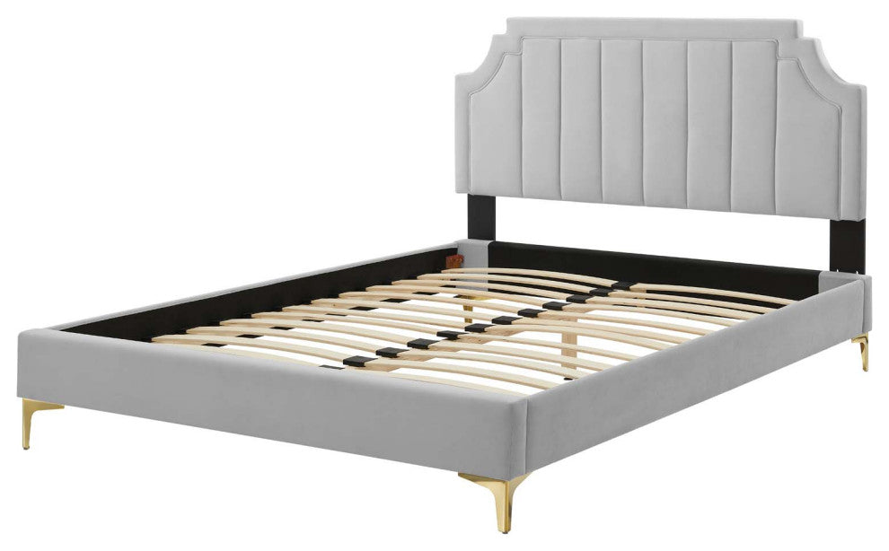 Platform Bed Frame, Twin Size, Velvet, Light Grey Gray, Modern Contemporary